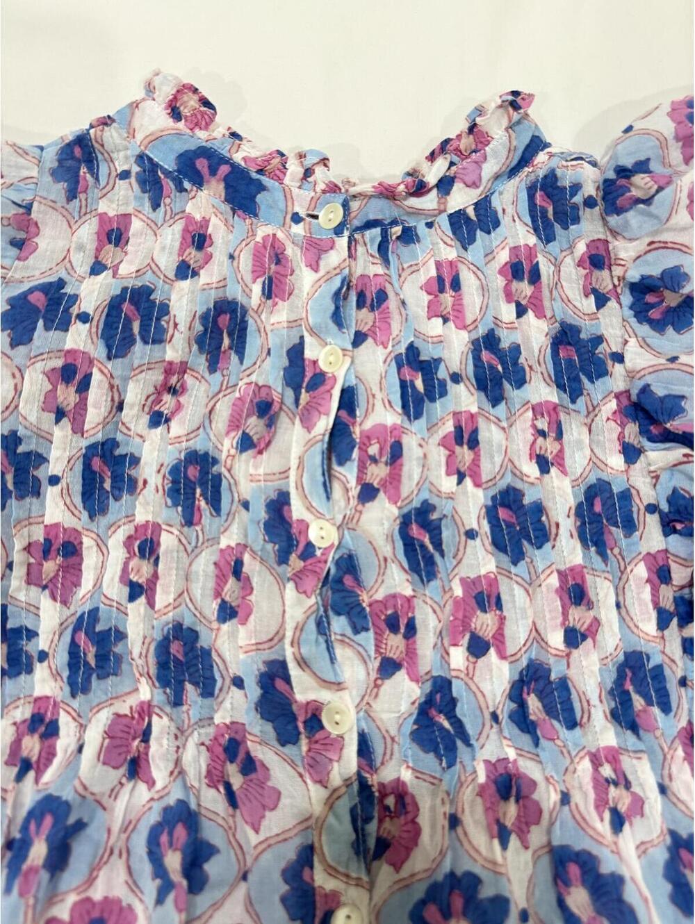 Oliphant Pink Floral Block Print Cotton Smocked Ruffle Blouse Small - Picture 4 of 8